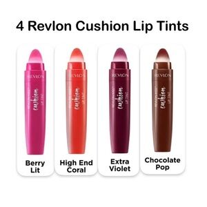 4ct Revlon Kiss Cushion Lip Tints in shades Berry Lit, Coral, Violet, Chocolate